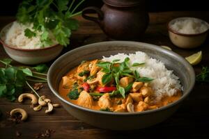 Chicken curry with cashew nuts and rice on a black background. Chicken and cashew red curry with rice and herbs, AI Generated photo