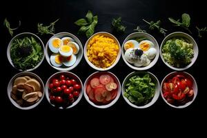 sano comiendo concepto con Fresco vegetales y huevos en negro antecedentes. bochas de sano comida en negro antecedentes. sano comiendo concepto, ai generado foto