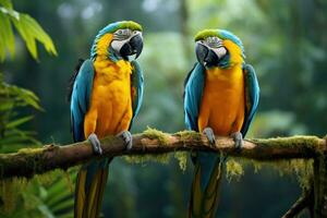 beautiful macaw parrot on the tree in the forest. Beautiful macaws in the jungle. Blue and yellow macaw, AI Generated photo