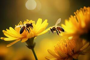 miel abeja coleccionar néctar en amarillo margarita flor, de cerca, abejas volador terminado un hermosa amarillo flor, ai generado foto