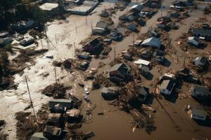 aéreo ver de un inundado zona con casas y zanco casas, aéreo pov ver representación de inundación. devastación forjado después masivo natural desastres, ai generado foto