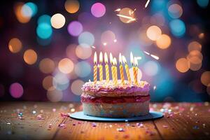 Birthday cake with burning candles on wooden table and bokeh background, Birthday cake with candles on bokeh background, close up, AI Generated photo