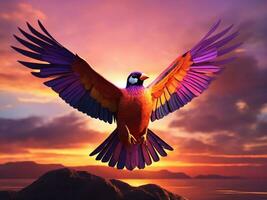 A majestic bird in flight against a breathtaking, vibrant sunset sky photo