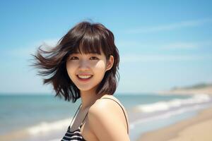 Beautiful young asian girl wearing summer dress in sunny day AI Generative photo