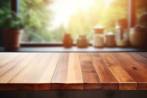 wooden table on blurred kitchen bench background AI Generative photo