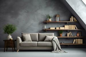Sofa and lounge chair against grey wall with rustic shelf AI Generative photo