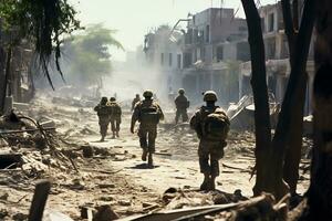 Soldiers walk through the ruins of a city caused by war AI Generative photo