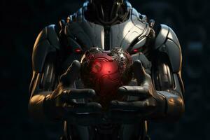 Cyborg holding a red heart in his hands.AI Generated photo