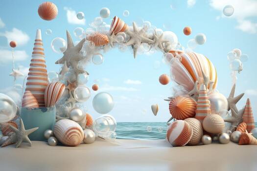3d summer background with seashells and starfish.AI Generated photo