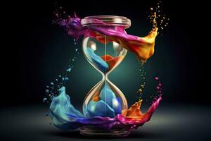 3d Hourglass with colorful splashes on black background.AI Generated photo