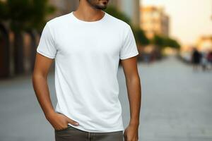 White blank t-shirt mockup template on male model in urban background.AI Generated photo