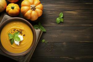 Pumpkin soup with cream and basil on wooden background. Top view.AI Generated photo