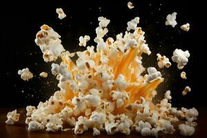 Popcorn explosion isolated on a black background.AI Generated photo