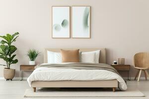 Interior of modern bedroom with beige walls,  comfortable bed and two mock up posters.AI Generated photo