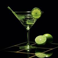 Martini glass with lime and ice cubes on a black background.AI Generated photo