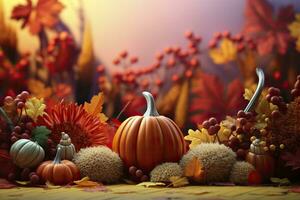 Autumn still life with pumpkins and flowers.AI Generated photo