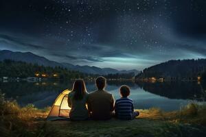 Back view of young couple sitting near camping tent and looking at night lake.AI Generated photo