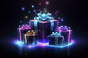 Gift boxes with glowing effects on a dark background.AI Generated photo