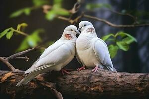 Pair of white doves sitting on a branch.AI Generated photo