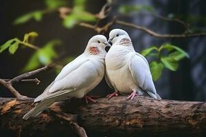 par de blanco palomas sentado en un rama.ai generado foto