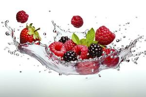 Fresh raspberry and blackberry with water splash isolated on white background.AI Generated photo