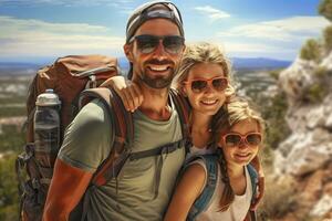 Happy family with backpack hiking in mountains.AI Generated photo