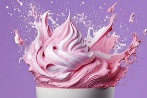 Pink ice cream splashing out of a bowl on a purple background.AI Generated photo