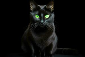 negro gato con verde ojos en un negro fondo.ai generado foto