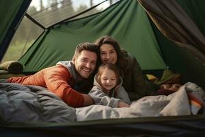 Happy family with little daughter resting in camping tent.AI Generated photo