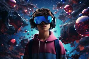 Boy wearing virtual reality glasses on a planetary background.AI Generated photo