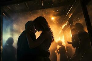 Silhouette of a bride and groom dancing in a dark room. crowded, abandoned nightclub filled with an array of patrons, including a couple having a passionate embrace, AI Generated photo
