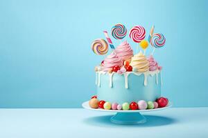 Birthday cake with candies and lollipops on blue background, Birthday cake with candies on blue background with copy space, AI Generated photo