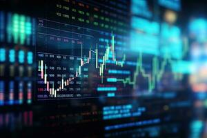 Stock market or forex trading graph and candlestick chart suitable for financial investment concept. finance background. data on digital screen, closeup with selective focus and bokeh, AI Generated photo