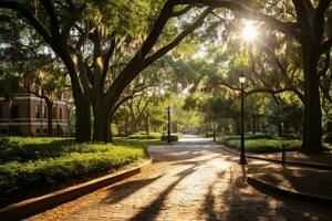 Sunlight streaming through old oak trees in a park in Florida. Beautiful savannah landscape view on a sunny day, AI Generated photo