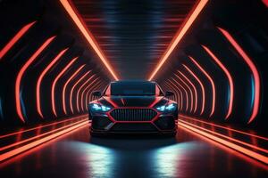 Black sport car in neon tunnel. Future concept. 3D Rendering, Car in a tunnel with neon lighting, front view, AI Generated photo