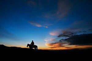 Silhouette Cowboy on horseback. Neural network AI generated photo