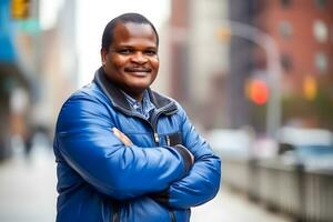 Portrait of positive senior African American man. Neural network AI generated photo