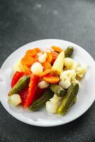 vegetable pickled salad cucumber, gherkin, carrot, onion, cauliflower, pepper appetizer meal food photo