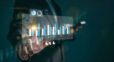 analyst works on a smartphone showing Financial Data Analysis and Data Management System for Business Growth Market Research, Financial Growth and Strategy Development photo