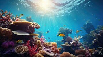 aquatic life scene of coral reef with fish - AI Generative photo