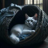 A content white cat curled up in a cozy basket, purring softly as it dreams of its next adventure. photo