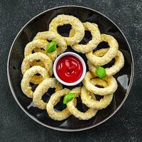 cebolla anillos profundo freidora tomate salsa rápido comida comiendo Cocinando comida comida bocadillo en el mesa Copiar espacio comida antecedentes rústico parte superior ver foto