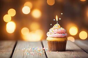 Birthday cupcake with burning candle on bokeh lights background, Birthday cupcake with candle on wooden table against bokeh background, AI Generated photo