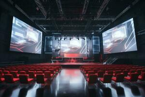 vacío cine sala con rojo asientos y pantallas 3d representación, un moderno formación salón con sillas frente a un gigante etapa con uno grande pantalla mostrando, ai generado foto