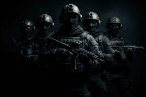 Group of special forces soldiers with assault rifle. Studio shot over dark background. Armed special forces group with shotguns on a Black background, face covered with masks, AI Generated photo