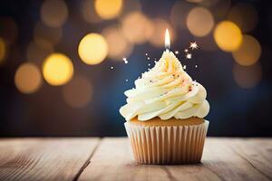Birthday cupcake with burning candle on bokeh lights background, Birthday cupcake with candle on wooden table against bokeh background, AI Generated photo