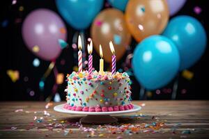 Birthday cake with candles and balloons on wooden table, closeup, Birthday cake with colorful balloons, confetti and confetti on the table, AI Generated photo