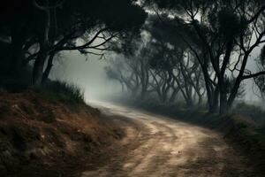 suciedad la carretera en el brumoso bosque. tonificado imagen. un temprano Mañana elevado Disparo de un suciedad la carretera devanado mediante descuidado cepillar, ai generado foto