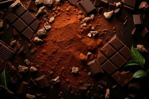 Chocolate, cocoa powder and pieces of chocolate on a black background, Chocolate background with chocolate bars, chips and cocoa powder, overhead, AI Generated photo