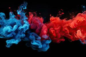 Colorful ink in water on a black background. Abstract background. Acrylic blue and red colors in water. Ink blot. Abstract black background, AI Generated photo